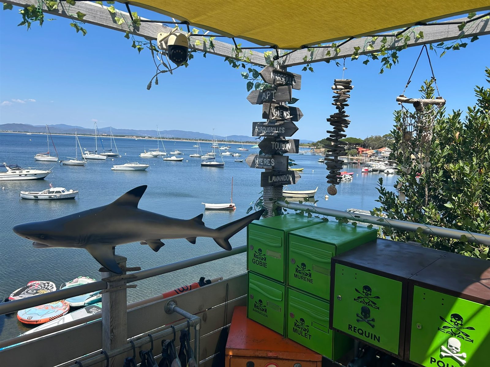 La terrasse de la base nautique de la Madrague : requin déco, casiers de matériel et la rade de Giens en fond